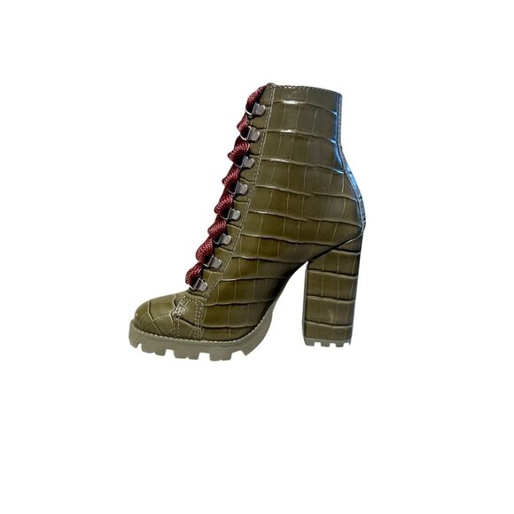 Schutz Olive Green Croc-Embossed Lace-Up Block Heel Boots W/ Burgundy Laces - 5 - Picture 5 of 9